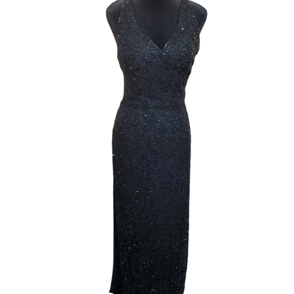 Elegant Cachѐ Black Full-Length Backless Beaded Gown – 100% Pure Silk, Size Smal